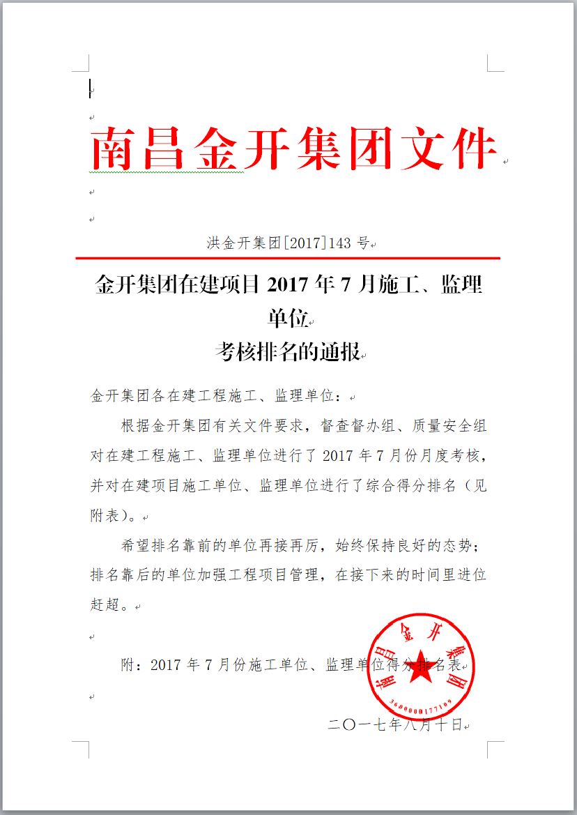 金開集團在建項目2017年7月施工、監(jiān)理單位考核排名通報